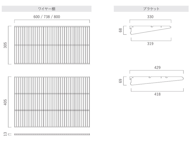 壁付け収納システムのワイヤー棚とブラケット